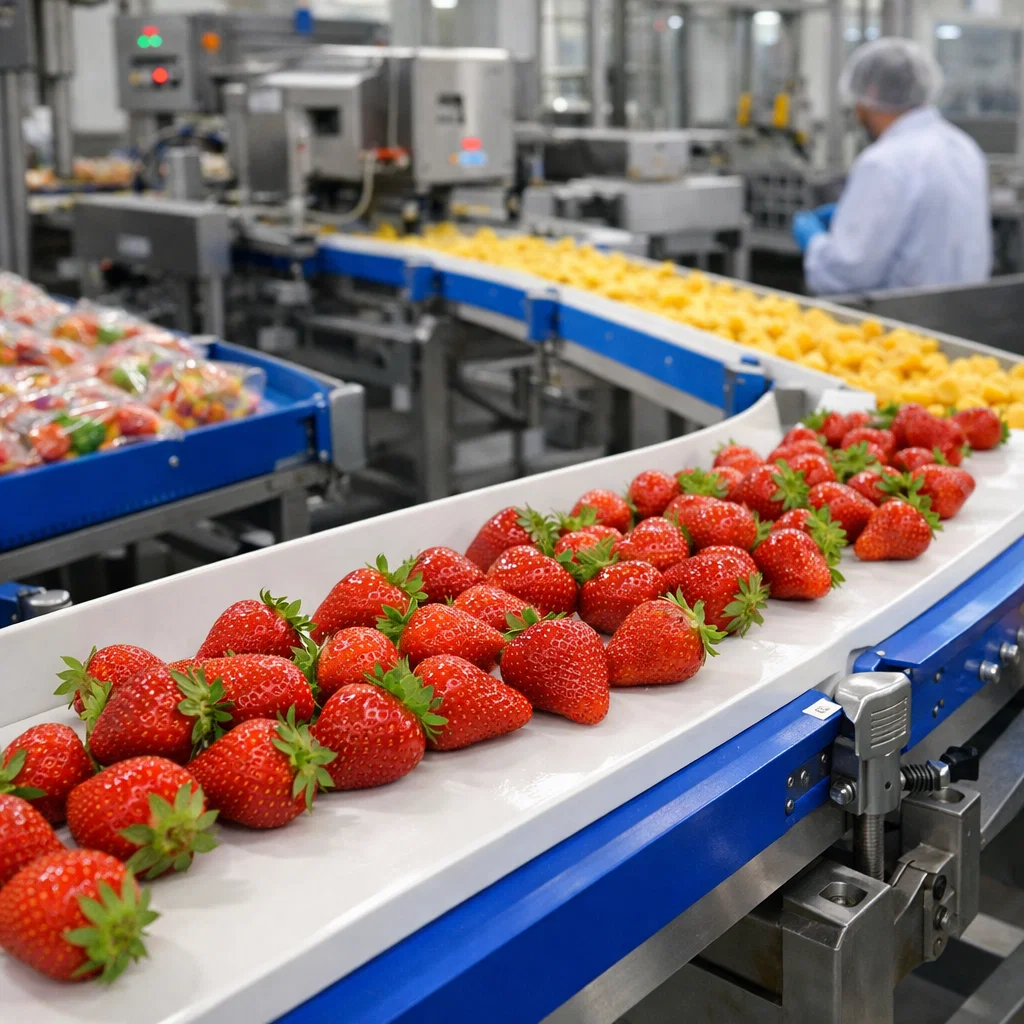 Cinta transportadora de PVC alimentaria blanca en industria de alimentación